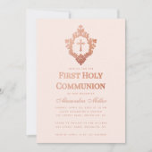 ローズゴールドの初聖体拝領 ヴィンテージデザインのクラストとピンクの女の子 招待状 (正面)