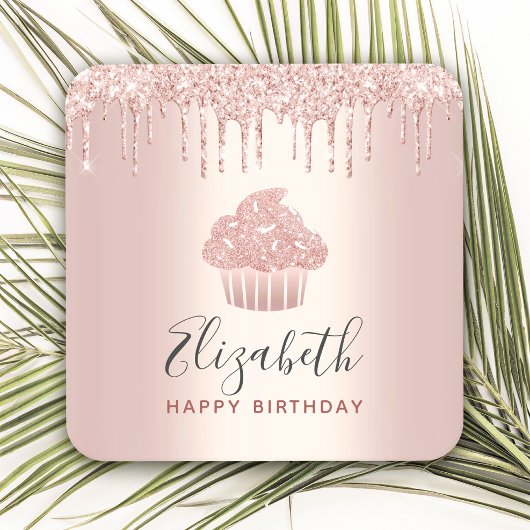 ローズゴールドの名前入りカップケーキ グリッター ドリップス グラム スクエアペーパーコースター