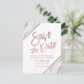 ローズゴールドの大理石の文字の白のSave the Date 案内ポストカード (スタンド正面)