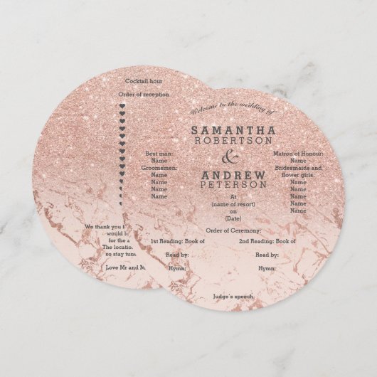 ローズゴールドの大理石 グリッター オンブレ 結婚式プログラム 招待状 (正面/裏面)