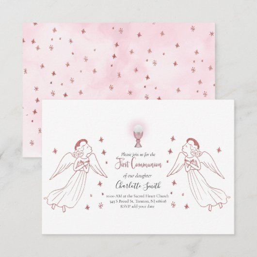 ローズゴールドの天使たち 初聖体拝領 招待状 (正面/裏面)