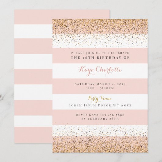 ローズゴールドの女性向け誕生日招待状 招待状 (正面/裏面)
