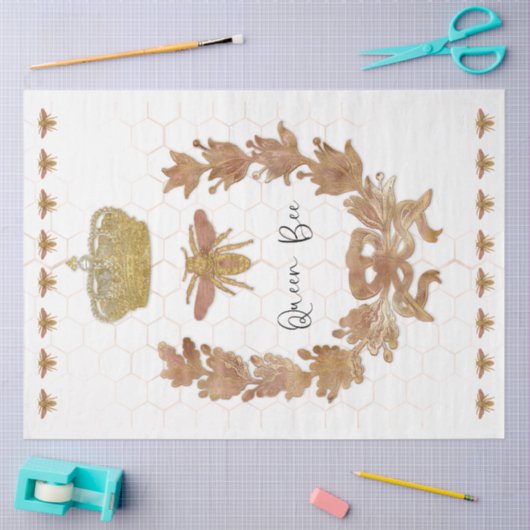 ローズゴールドの女王蜂クラウンホワイトグリッター デコパージュ 薄葉紙 (クラフト)
