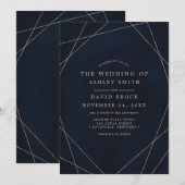 ローズゴールドの幾何学模様 ミッドナイトブルー ウェディング 招待状 (正面/裏面)