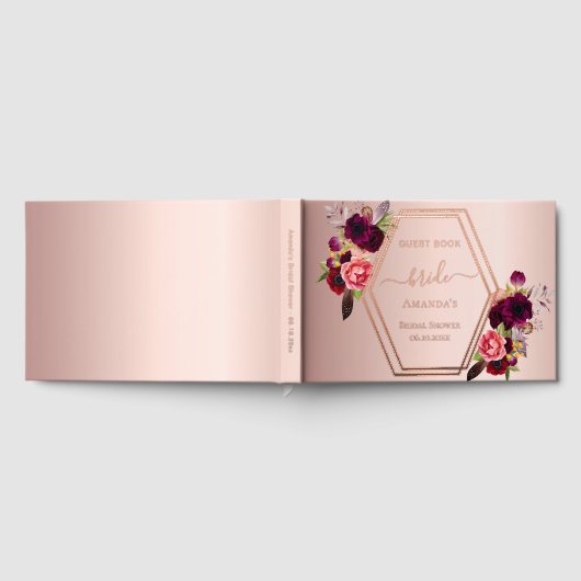 ローズゴールドの幾何学的なバーガンディの花の ブライダルシャワー ゲストブック (全面)