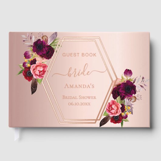 ローズゴールドの幾何学的なバーガンディの花の ブライダルシャワー ゲストブック (正面)
