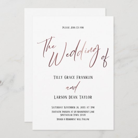 ローズゴールドの手書きシンプルウェディング 招待状 (正面/裏面)