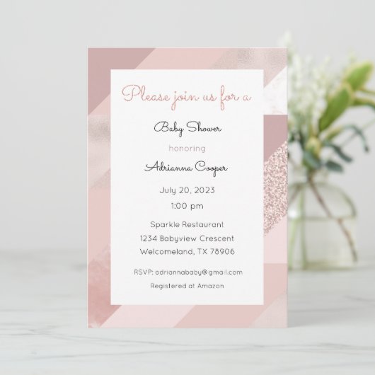 ローズゴールドの招待状（ベビー、結婚式前パーティー、ディナー） 招待状 (スタンド正面)