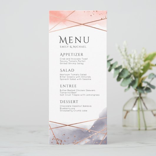 ローズゴールドの朝の水彩幾何学的な結婚式のメニュー メニュー (スタンド正面)