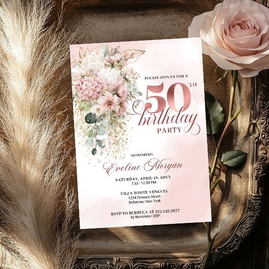 ローズゴールドの水彩技法で描かれたピンクの花々が華やかな50歳の誕生日お祝い 招待状