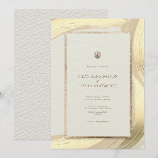 ローズゴールドの水彩筆致のウェディング 招待状 (正面/裏面)