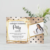 ローズゴールドの水玉模様のDIY写真ケドゥケウス卒業 招待状 (スタンド正面)