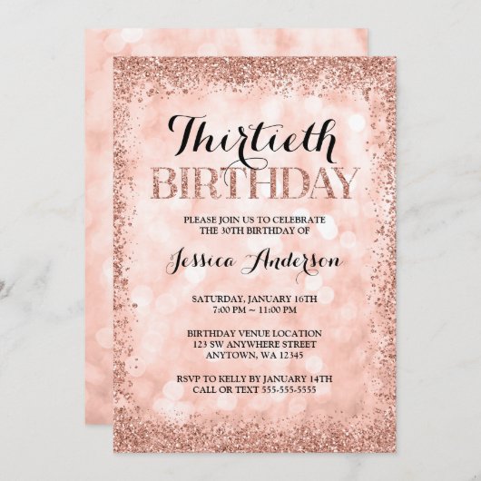 ローズゴールドの疑似グリッター ライト 30歳の誕生日 招待状 (正面/裏面)