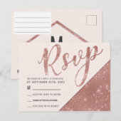 ローズゴールドの疑似スパークリンググリッター シーケン RSVP インビテーションポストカード (正面/裏面)