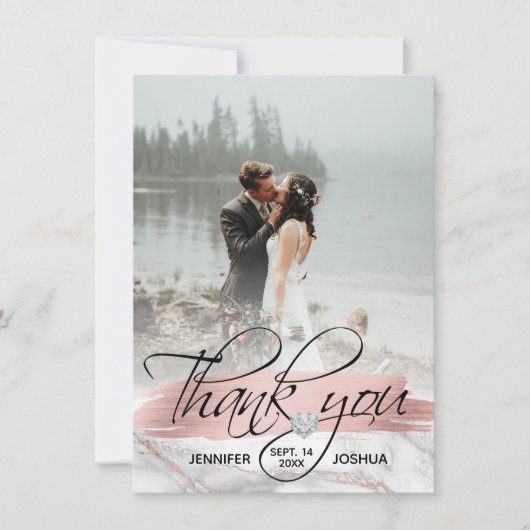 ローズゴールドの筆跡 ウェディング サンクスカード | フォト付き 招待状 (正面)