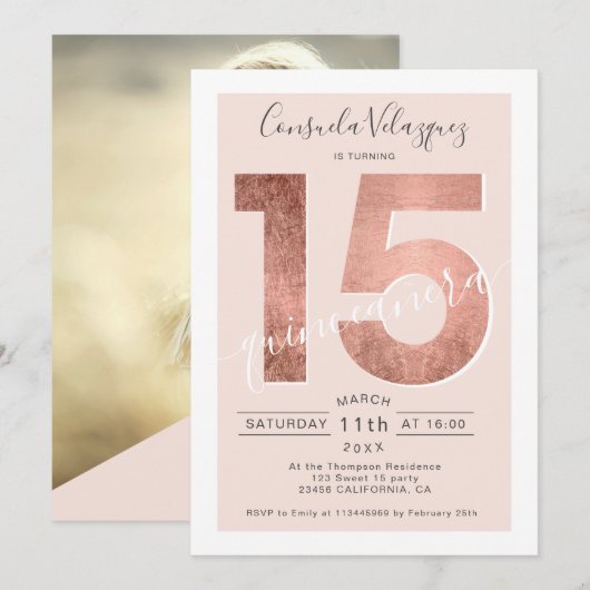 ローズゴールドの箔スクリプト ブッシュ クイーンザエラ フォト 招待状 (正面/裏面)