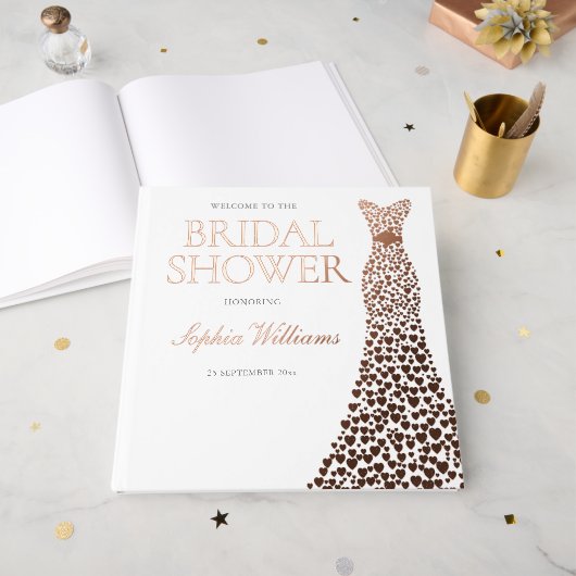 ローズゴールドの箔ハートドレス ブライダルシャワー ゲストブック (正面見開き)