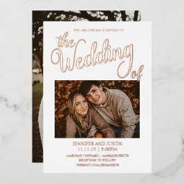 ローズゴールドの箔押しが施されたシンプルな2枚の写真の結婚式の招待状 箔招待状