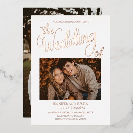 ローズゴールドの箔押しが施されたシンプルな2枚の写真の結婚式の招待状 箔招待状 (正面/裏面)