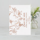 ローズゴールドの箔押しカリグラフィー・セーブ・ザ・デートカード 箔招待状 (立ち正面)