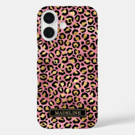 ローズゴールドの箔押しレオパードプリントのイニシャル入り iPhone 16ケース