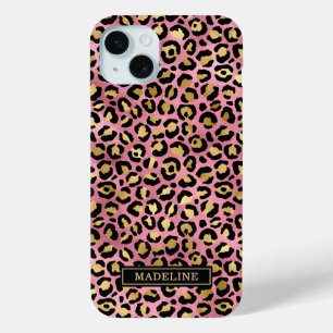 ローズゴールドの箔押しレオパードプリントのイニシャル入り iPhone 15 MINIケース