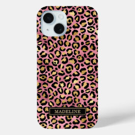 ローズゴールドの箔押しレオパードプリントのモノグラム iPhone 15ケース