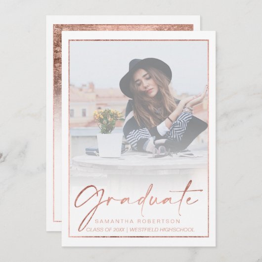 ローズゴールドの箔押し枠とカリグラフィーの卒業写真 招待状 (正面/裏面)