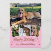 ローズゴールドの箔押し犬の写真コラージュ ピンクのホリデーカード 箔シーズンカード (正面)
