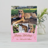 ローズゴールドの箔押し犬の写真コラージュ ピンクのホリデーカード 箔シーズンカード (立ち正面)