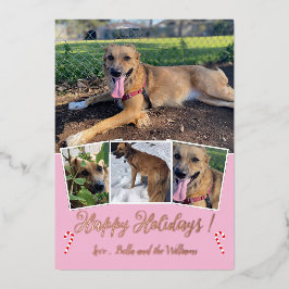 ローズゴールドの箔押し犬写真コラージュ ピンクのホリデーカード 箔シーズンカード
