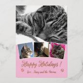 ローズゴールドの箔押し猫の写真コラージュ ピンクのホリデーカード 箔シーズンカード (正面)