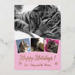 ローズゴールドの箔押し猫の写真コラージュ ピンクのホリデーカード 箔シーズンカード