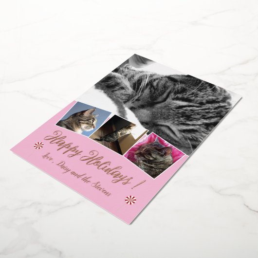 ローズゴールドの箔押し猫の写真コラージュ ピンクのホリデーカード 箔シーズンカード (回転した状態)