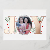 ローズゴールドの箔押し「JOY」とバラの実のクリスマス写真 箔シーズンカード (正面)