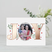 ローズゴールドの箔押し「JOY」とバラの実のクリスマス写真 箔シーズンカード (立ち正面)