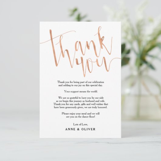 ローズゴールドの結婚式お礼カード 招待状 (スタンド正面)