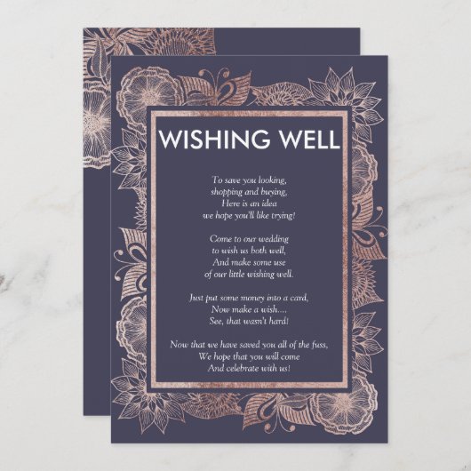 ローズゴールドの花とネイビーブルーのウィッシュウェルカード 招待状 (正面/裏面)