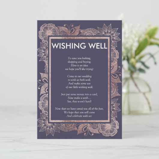 ローズゴールドの花とネイビーブルーの願い事の井戸 招待状 (スタンド正面)