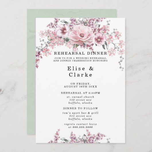 ローズゴールドの花とユーカリの彩色前夜祭 招待状 (正面/裏面)