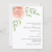ローズゴールドの花と緑のエレガントなウェディング 招待状 (正面)