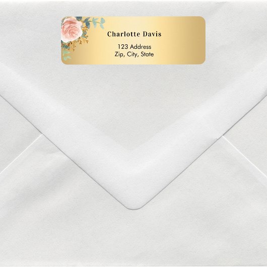 ローズゴールドの花と緑の差出人住所 ラベル