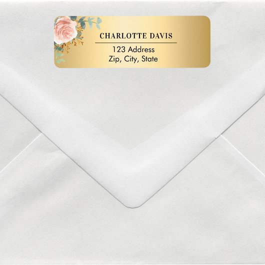 ローズゴールドの花と緑の差出人住所 ラベル