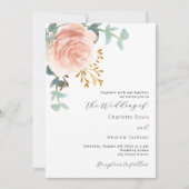 ローズゴールドの花と緑のQRコードで結婚式の出欠を伝える 招待状 (正面)