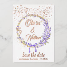 ローズゴールドの花のカリグラフィーで「Save the Date」のカード
