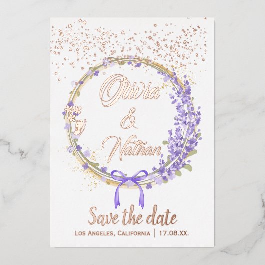 ローズゴールドの花のカリグラフィーで「Save the Date」のカード 箔招待状 (正面)