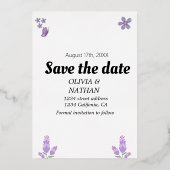 ローズゴールドの花のカリグラフィーで「Save the Date」のカード 箔招待状 (裏面)