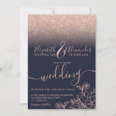 ローズゴールドの花のグリッター ネイビーブルーのスクリプトウェディング 招待状 (正面)