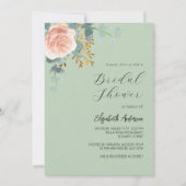 ローズゴールドの花のセージグリーン高級 ブライダルシャワー 招待状 (正面)