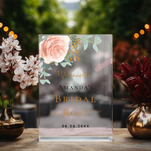 ローズゴールドの花のユーカリ ブライダルシャワー ウェルカム アクリルサイン